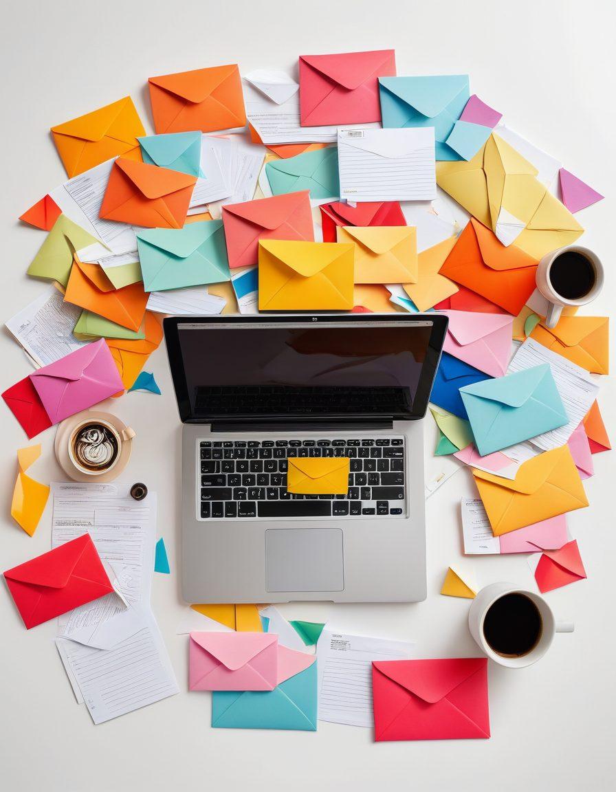 A cluttered email inbox overflowing with colorful envelopes symbolizing various subscriptions, contrasted with a serene desk scene showcasing a person calmly organizing their emails with a laptop, coffee cup, and notepad. Bright, engaging colors highlight the chaos of an unmanageable inbox against the tranquility of an organized space. super-realistic. vibrant colors. white background.