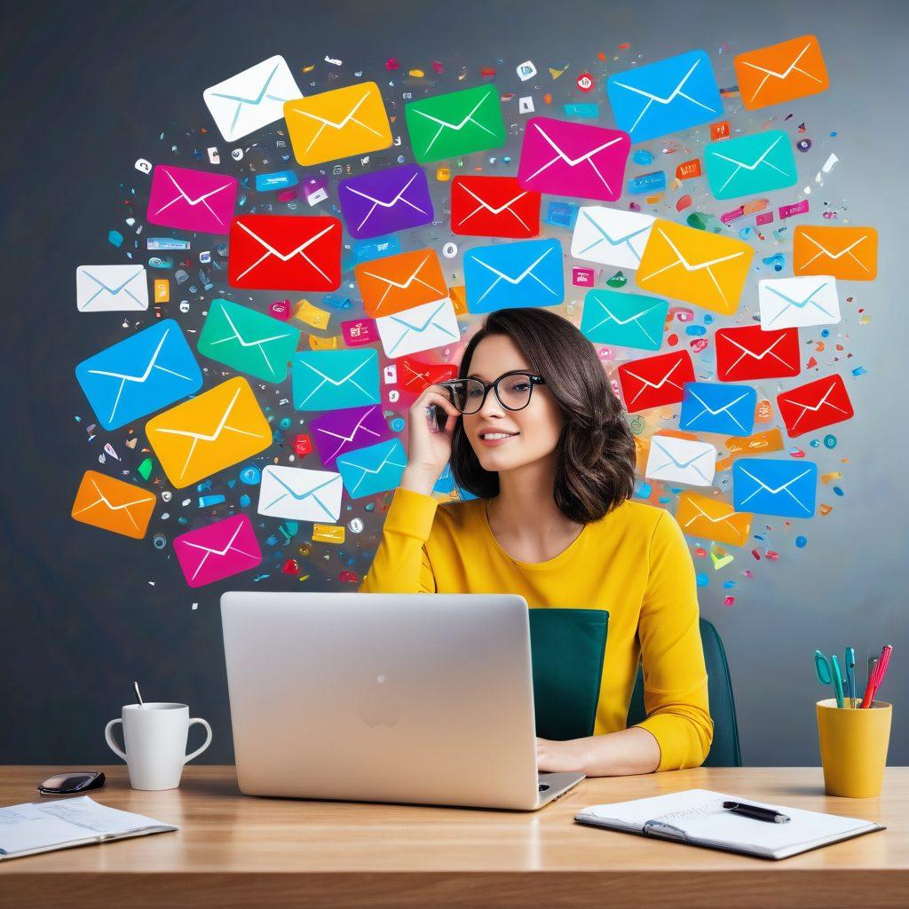 A cluttered email inbox overflowing with colorful newsletter icons, with a confident figure triumphantly hitting the 'unsubscribe' button. Background filled with a serene workspace featuring a laptop, coffee cup, and motivational quotes on the wall. Bright, engaging colors and a sense of accomplishment. hyper-realistic. vibrant colors.