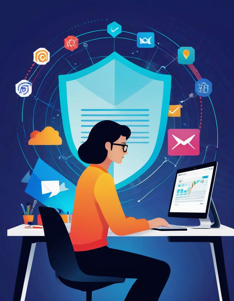 A split-screen illustration showing a person expertly managing an email campaign on one side, surrounded by graphs and analytics, while on the other side, a shield icon symbolizes online privacy protection. Bright colors convey a modern digital lifestyle. Emphasize a sleek, organized workspace with futuristic elements. Vector art. vibrant colors.